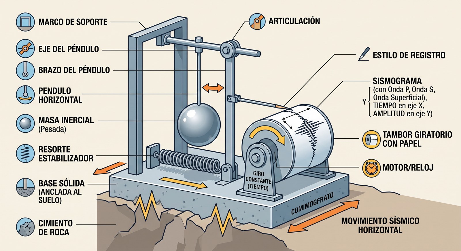 Diagrama técnico de un sismógrafo horizontal: marco de soporte, péndulo, masa inercial, resorte estabilizador, tambor giratorio y sismograma resultante
